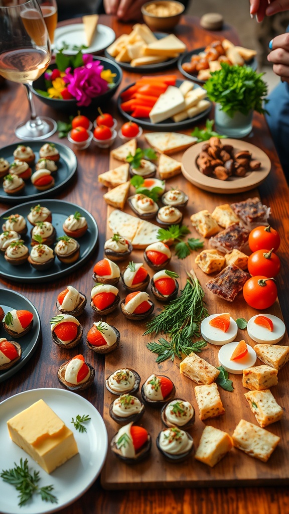 A variety of delicious appetizers including stuffed mushrooms, caprese skewers, and a cheese platter on a rustic table.